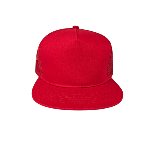 Solid Trucker Mesh RED Cap or Hat with FLAT Bill or Visor - 0141-36