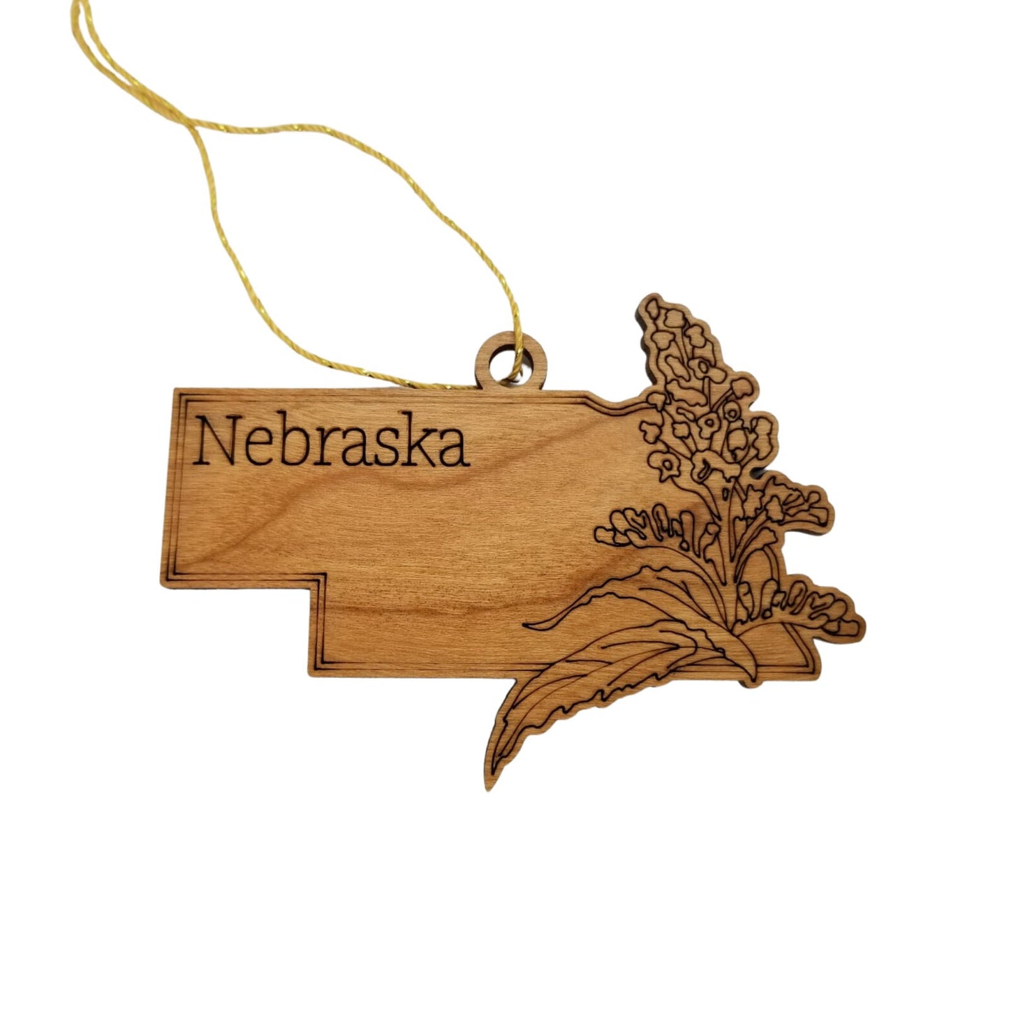 Nebraska Wood Ornament - NE State Shape with State Flowers Solidago - Handmade Wood Ornament Made in USA Christmas Decor