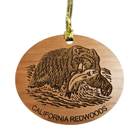 Bear with Fish California Redwoods Ornament - Handmade Wood Souvenir - 15809