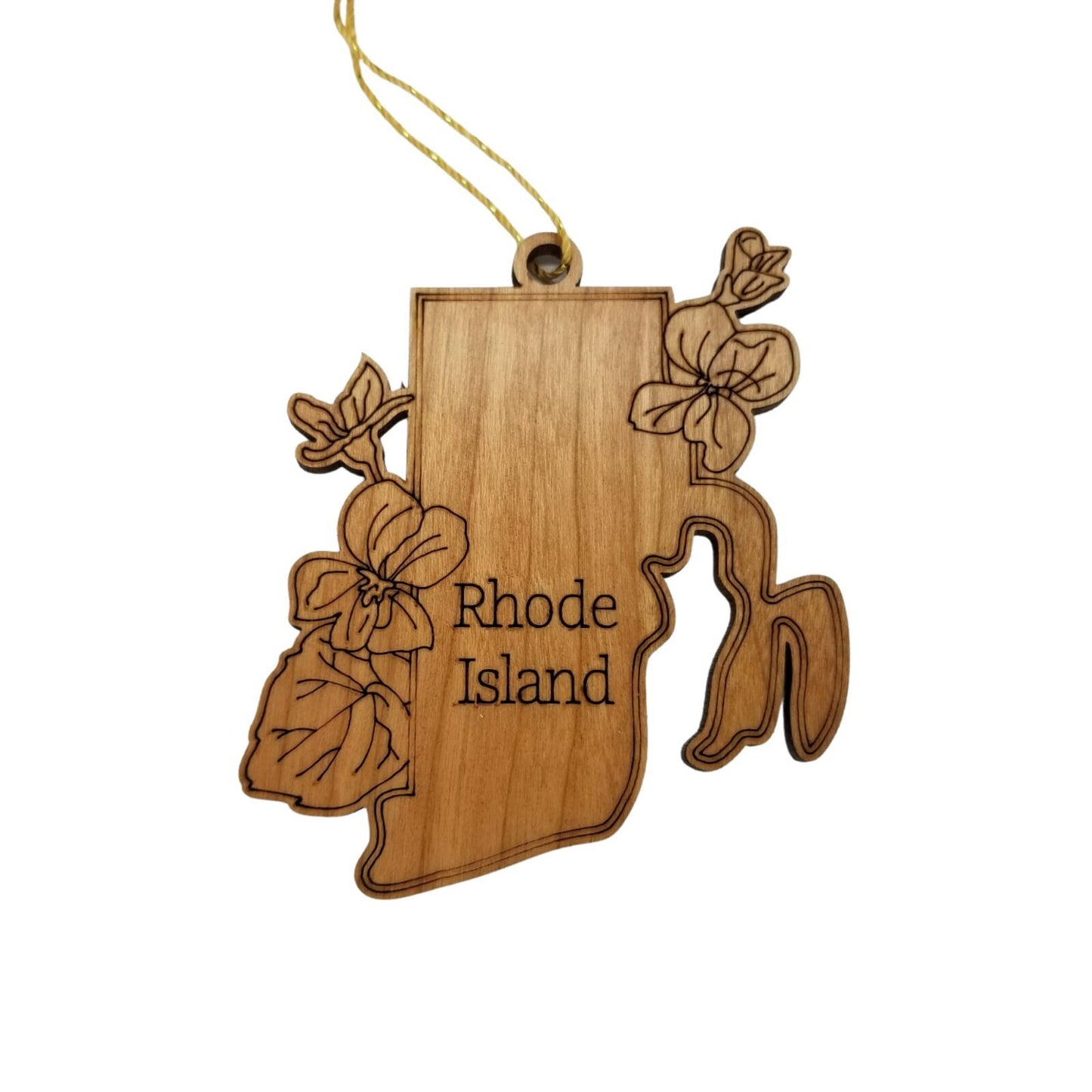Rhode Island Wood Ornament - RI State Shape with State Flowers Common Blue Violets - Handmade Wood Ornament Made in USA Christmas Decor
