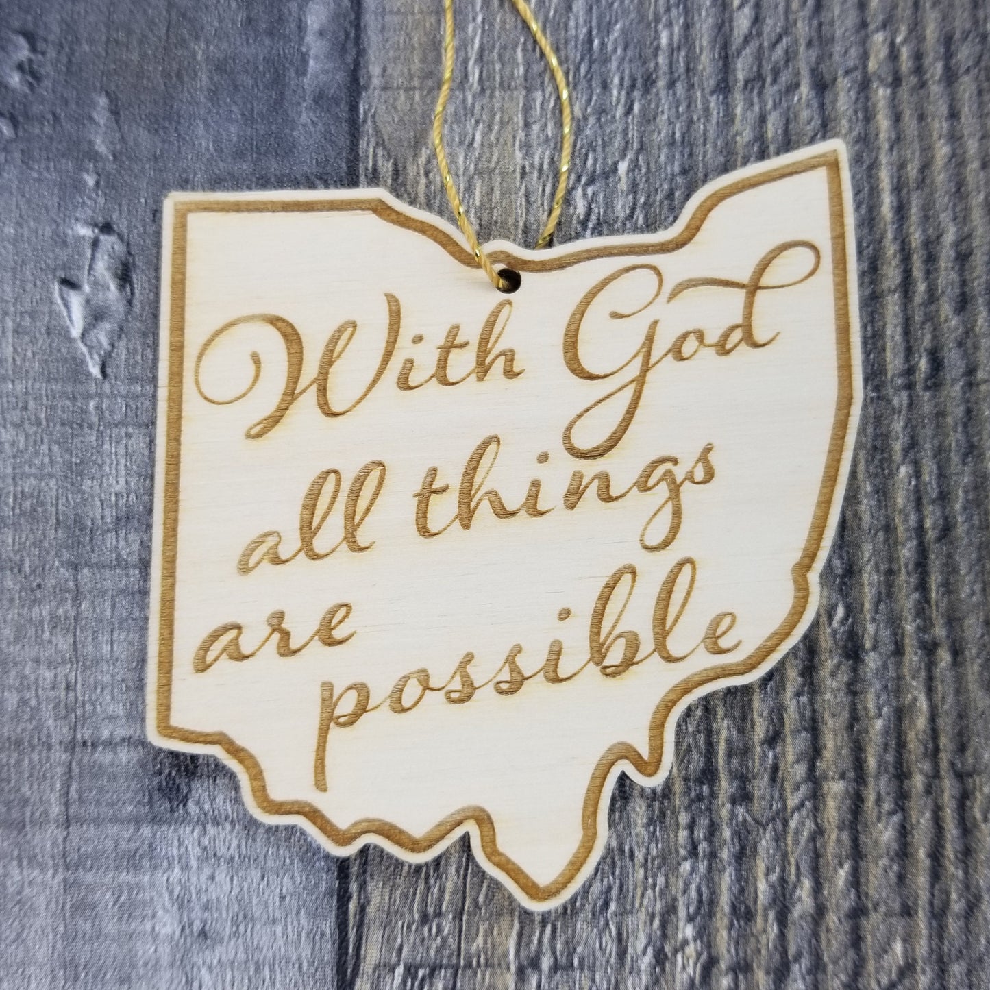 Ohio Wood Ornament - OH State Shape with State Motto - Handmade Wood Ornament Made in USA Christmas Decor