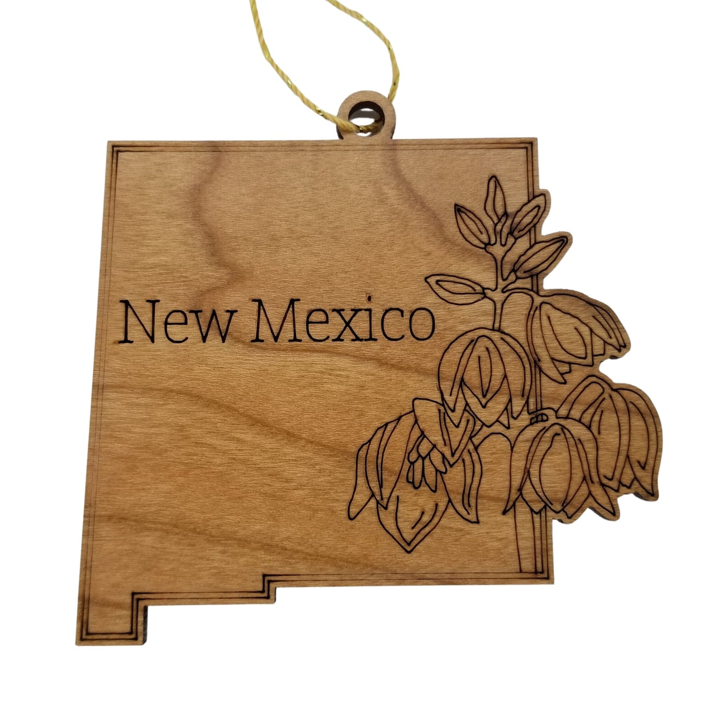 New Mexico Wood Ornament - NM State Shape with State Flowers Yucca Flower - Handmade Wood Ornament Made in USA Christmas Decor