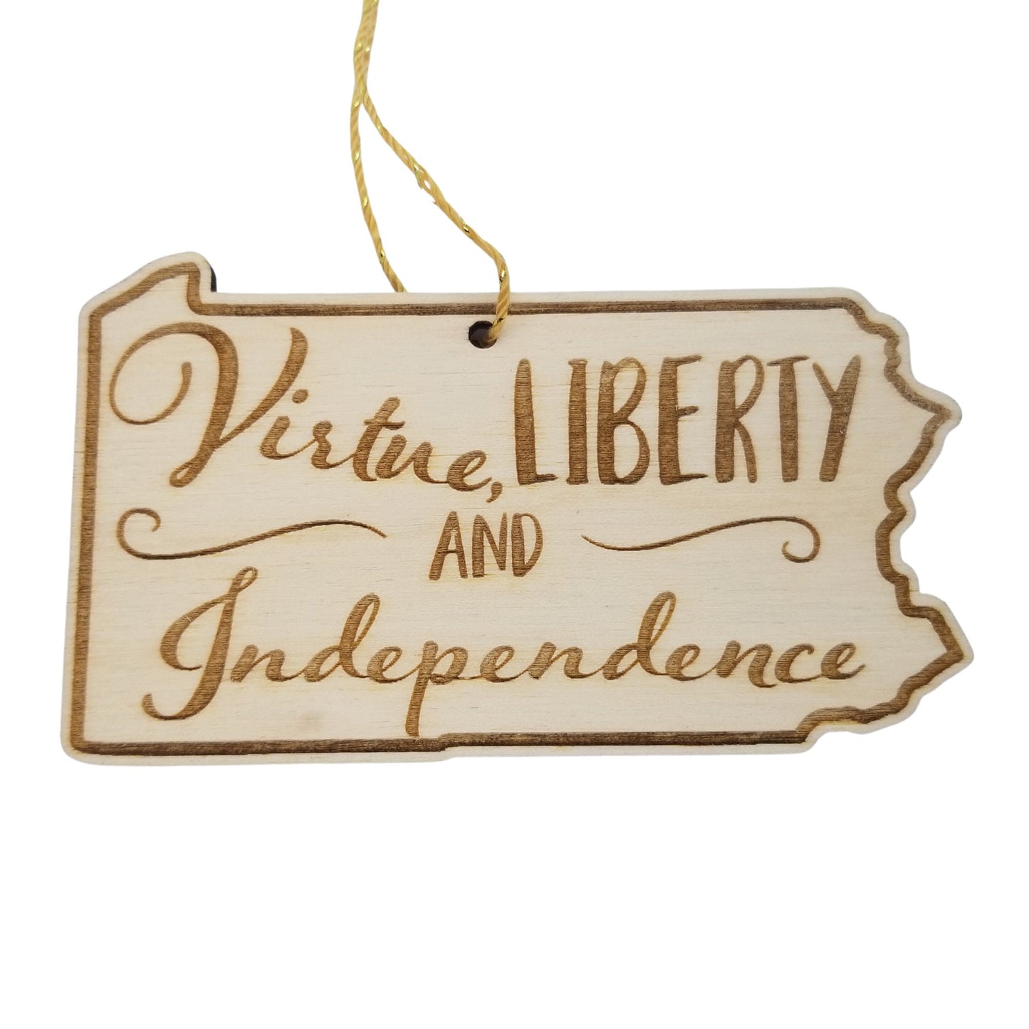 Pennsylvania Wood Ornament - PA State Shape with State Motto - Handmade Wood Ornament Made in USA Christmas Decor