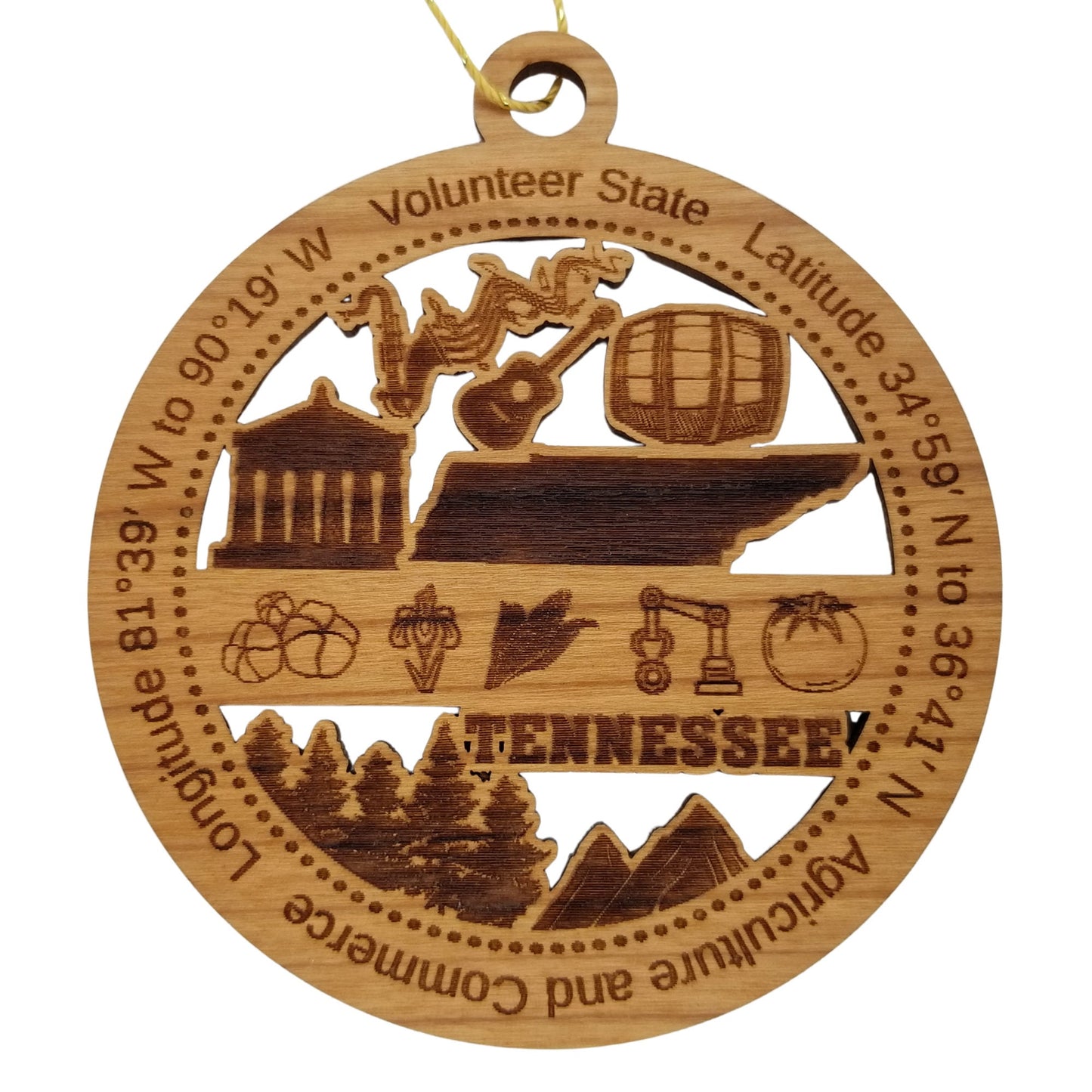 Tennessee Wood Ornament - TN Souvenir - Handmade Wood Ornament Made in USA State Shape Barrel Guitar Music Trees Mountains