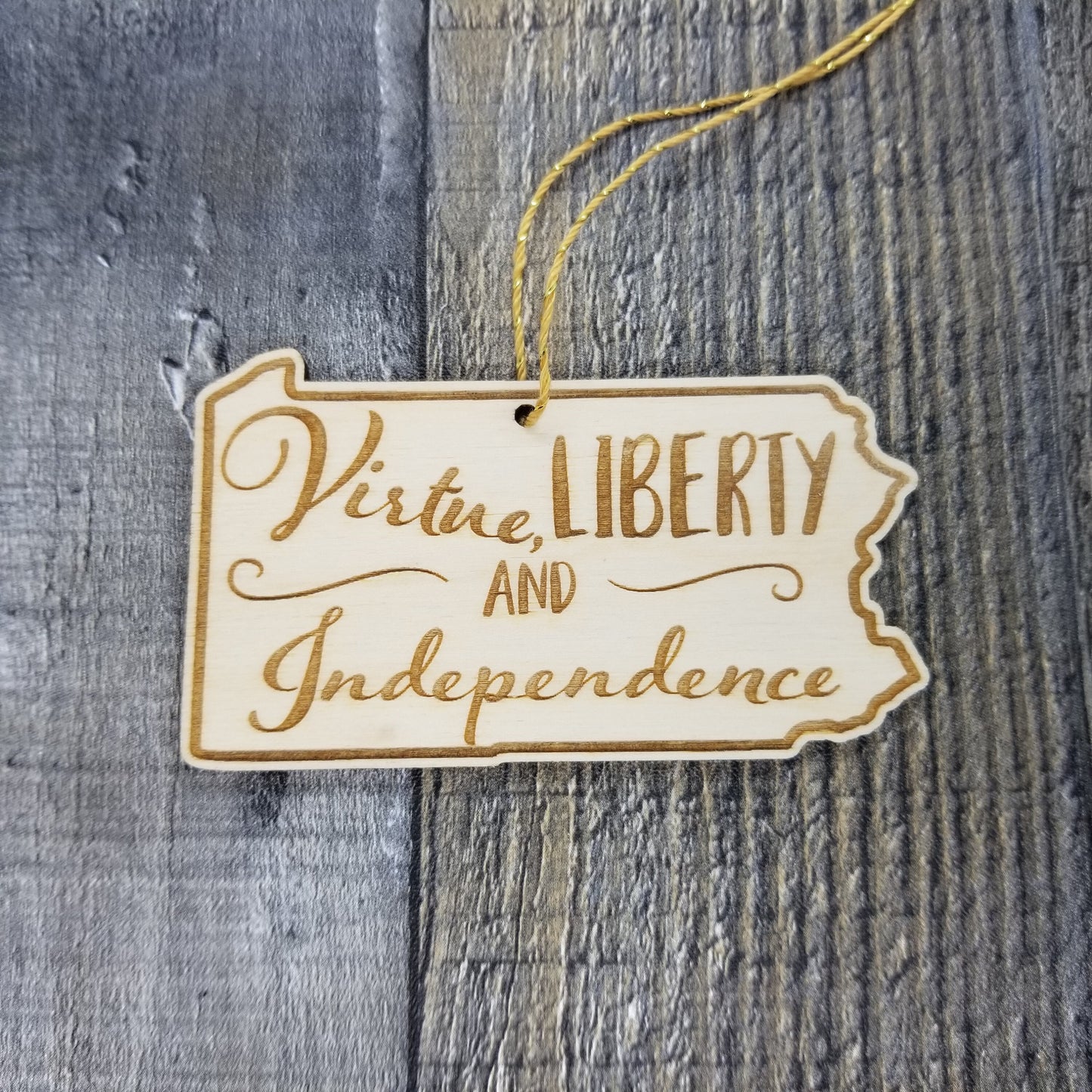 Pennsylvania Wood Ornament - PA State Shape with State Motto - Handmade Wood Ornament Made in USA Christmas Decor