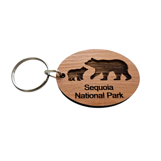 Sequoia National Park Keychain CA Bear and Cub Wood Keyring Sequoia Gigantea Souvenir Travel Key Tag - 4082SEQ