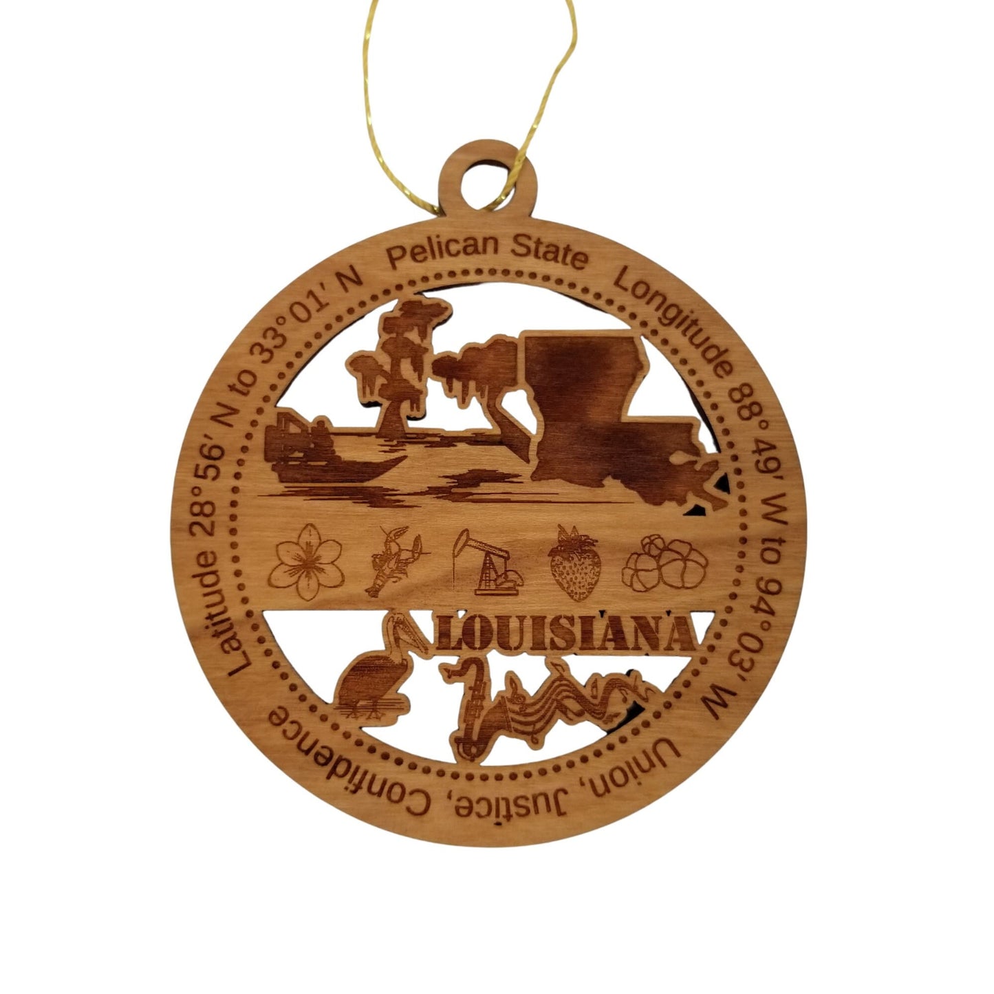 Louisiana Wood Ornament - LA Souvenir - Handmade Wood Ornament Made in USA State Shape Oil Drill Fan Swamp Boat Strawberry Sax Music