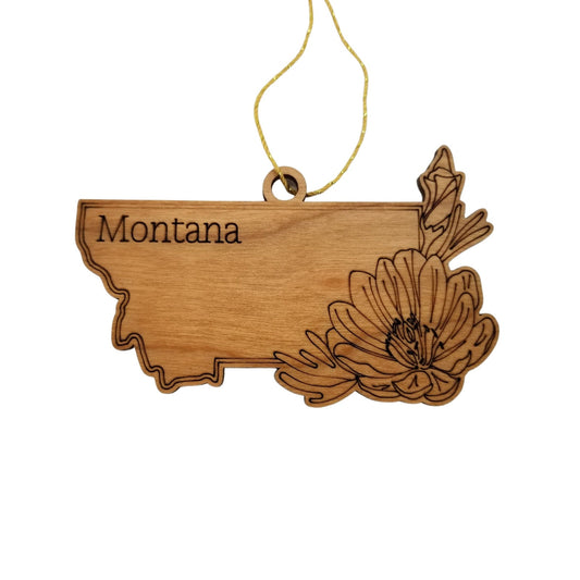 Montana Wood Ornament - State Shape with State Flowers Bitterroot MT - Handmade Wood Ornament Made in USA Christmas Decor