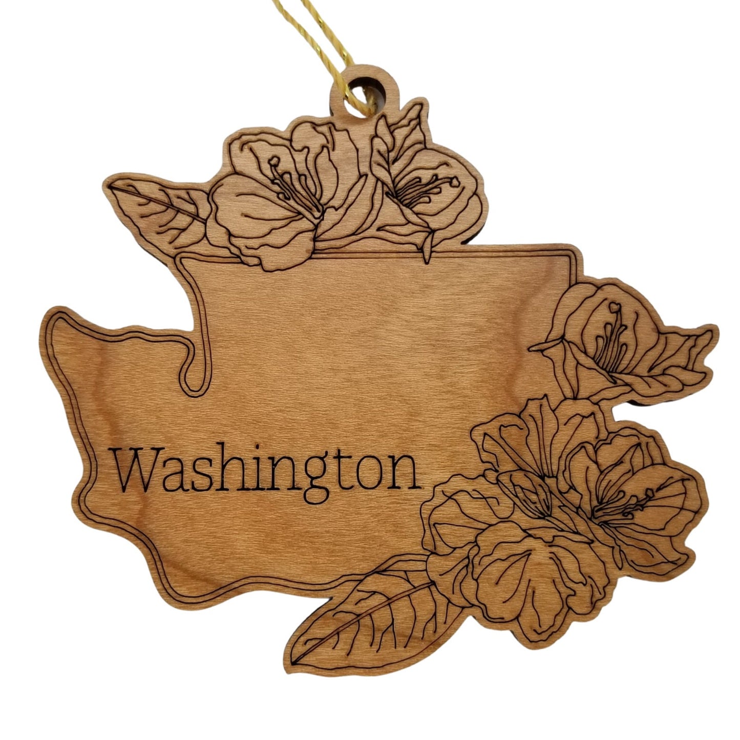 Washington Wood Ornament - WA State Shape with State Flowers Rhododendron - Handmade Wood Ornament Made in USA Christmas Decor