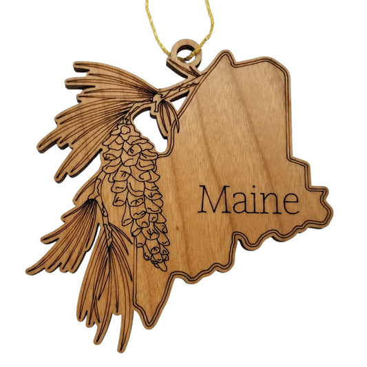 Maine Wood Ornament -  ME State Shape with State Flowers White Pine Cone - Handmade Wood Ornament Made in USA Christmas Decor