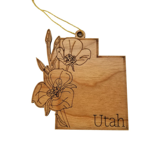 Utah Wood Ornament -  UT State Shape with State Flowers Sego Lily - Handmade Wood Ornament Made in USA Christmas Decor - 15551