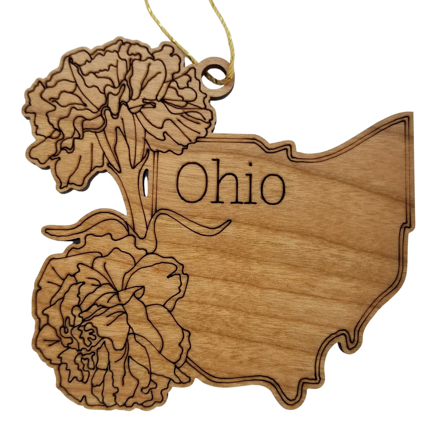 Ohio Wood Ornament - OH State Shape with State Flowers Cutout - Handmade Wood Ornament Made in USA Christmas Decor