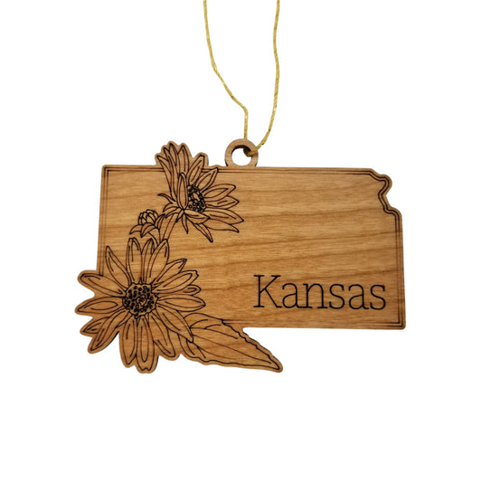 Kansas Wood Ornament - KS State Shape with State Flowers Wild Sunflowers - Handmade Wood Ornament Made in USA Christmas Decor
