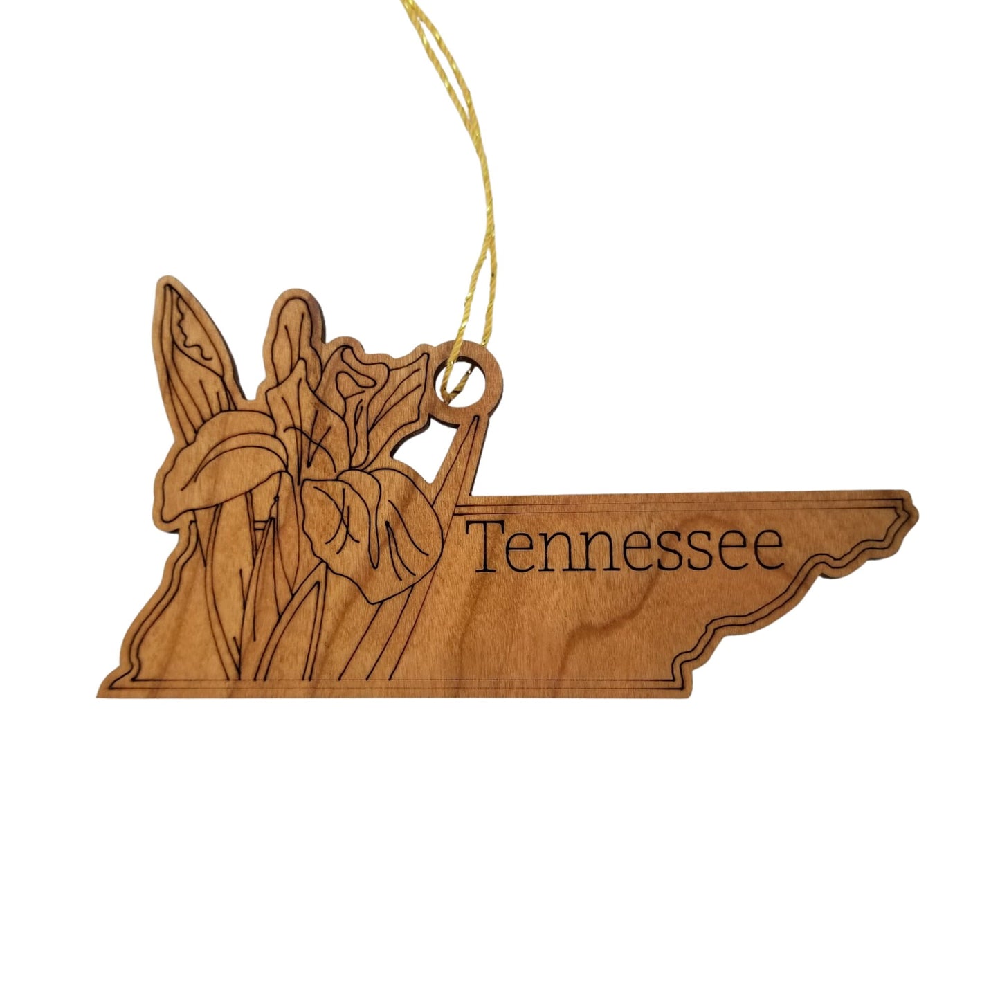 Tennessee Wood Ornament - TN State Shape with State Flowers Irises - Handmade Wood Ornament Made in USA Christmas Decor