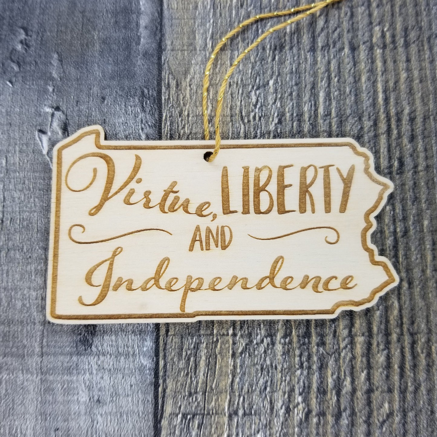 Pennsylvania Wood Ornament - PA State Shape with State Motto - Handmade Wood Ornament Made in USA Christmas Decor