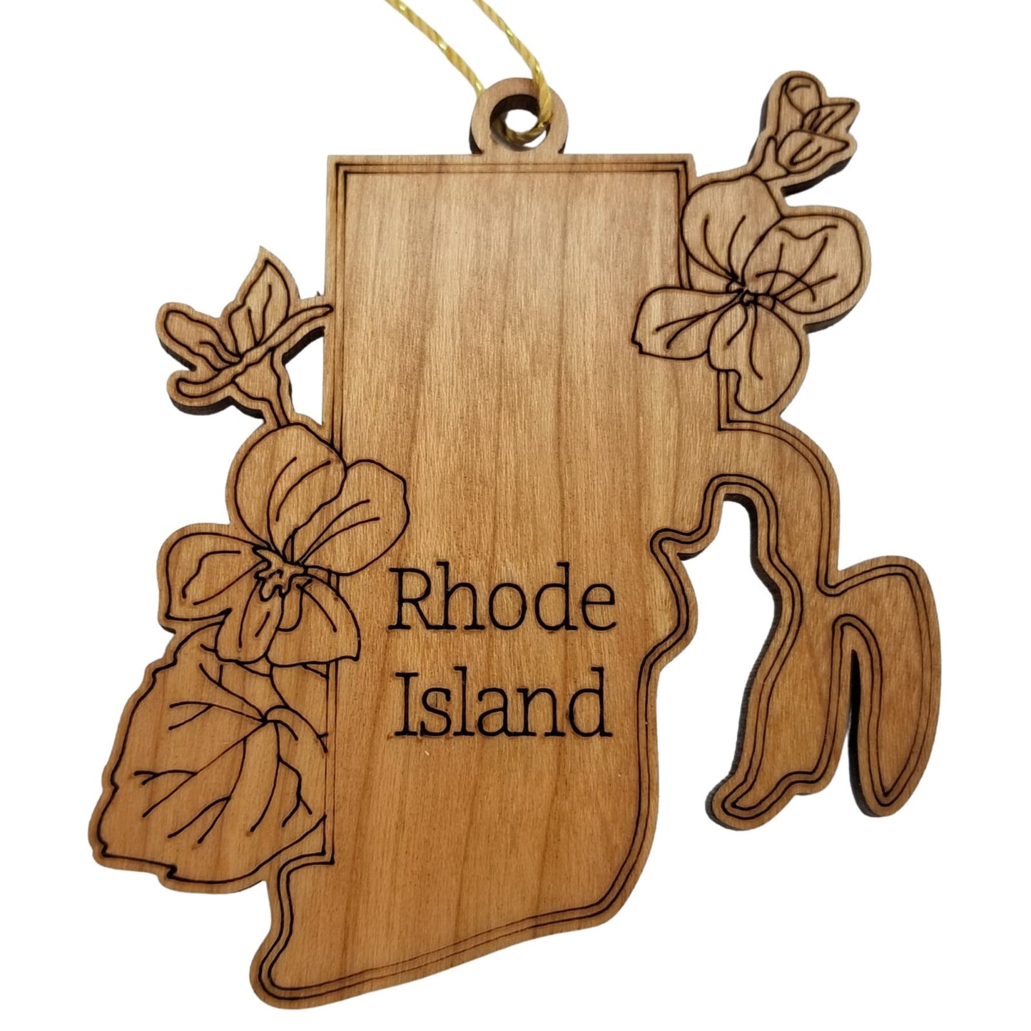 Rhode Island Wood Ornament - RI State Shape with State Flowers Common Blue Violets - Handmade Wood Ornament Made in USA Christmas Decor