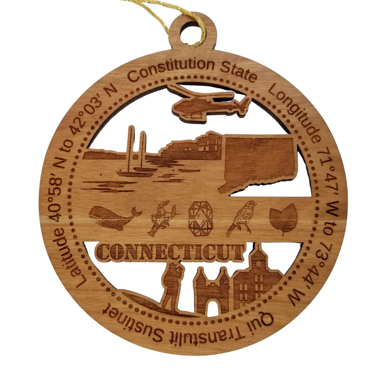 Connecticut Wood Ornament - CT Souvenir - Handmade Wood Ornament Made in USA State Shape Whale Lobster Helicopter Robin