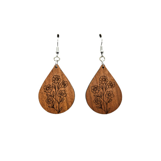Wood Earrings - Floral 5 Flowers Engraved Teardrop Wood Earrings - Dangle Earrings - Gift