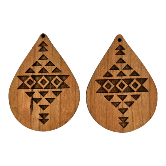 Wood Earrings - Aztec Tribal Boho Lightweight Engraved Teardrop Wood Earrings - Dangle Earrings - D54