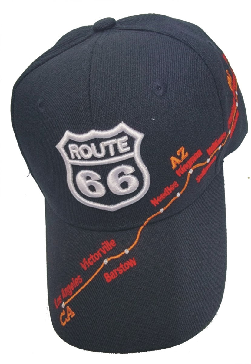 Route 66 city map cap. One Size Fits Most Hook and Loop belt adjust. Cities: Los Angeles, Victorville, Barstow, Needles, Kingman, Seligman, Williams, Flagstaff, Winslow, Albuquerque, El Reno, Tulsa, Springfield, Chicago