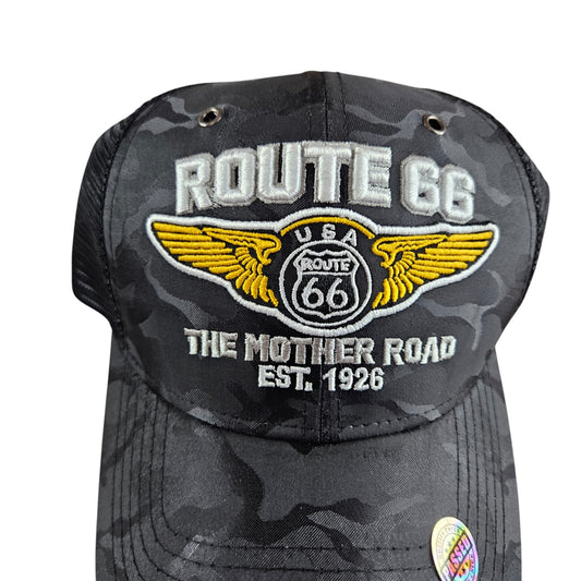 ROUTE 66 Mother Road Black Camo Trucker Mesh Cap or Hat - H1020