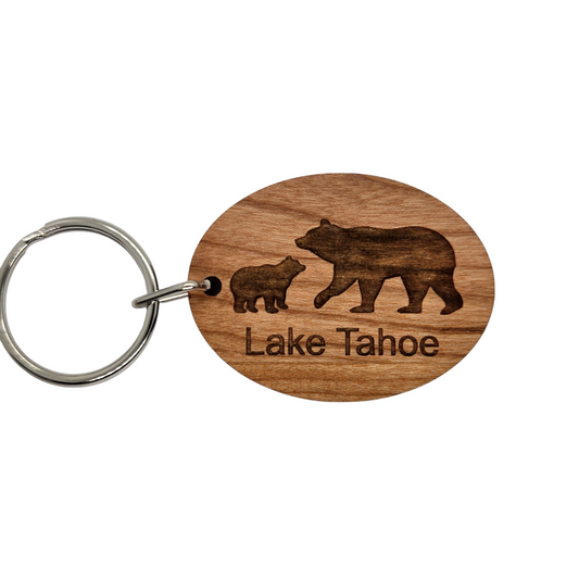 Lake Tahoe Bear and Cub Keychain Wood Keyring Souvenir - KC8169