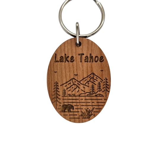 Lake Tahoe Mountain Trees Bear Keychain Wood Keyring Souvenir Key Chain Key Ring - KC8173