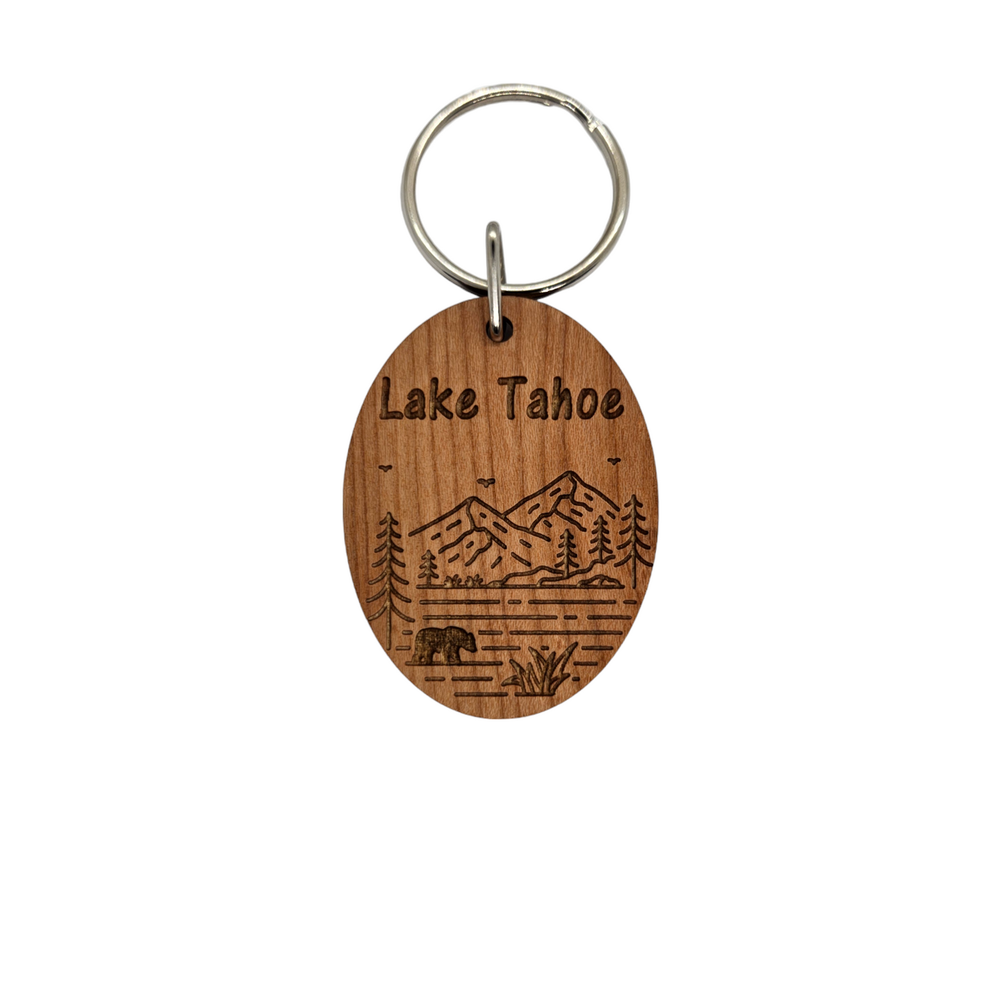 Lake Tahoe Mountain Trees Bear Keychain Wood Keyring Souvenir Key Chain Key Ring - KC8173