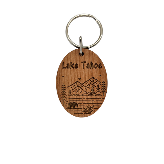 Lake Tahoe Mountain Trees Bear Keychain Wood Keyring Souvenir Key Chain Key Ring - KC8173