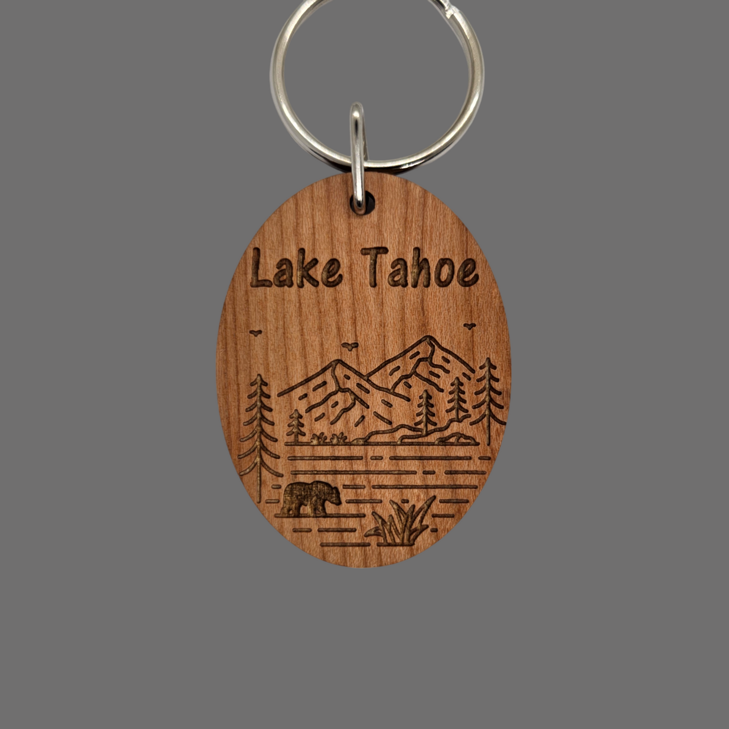 Lake Tahoe Mountain Trees Bear Keychain Wood Keyring Souvenir Key Chain Key Ring - KC8173