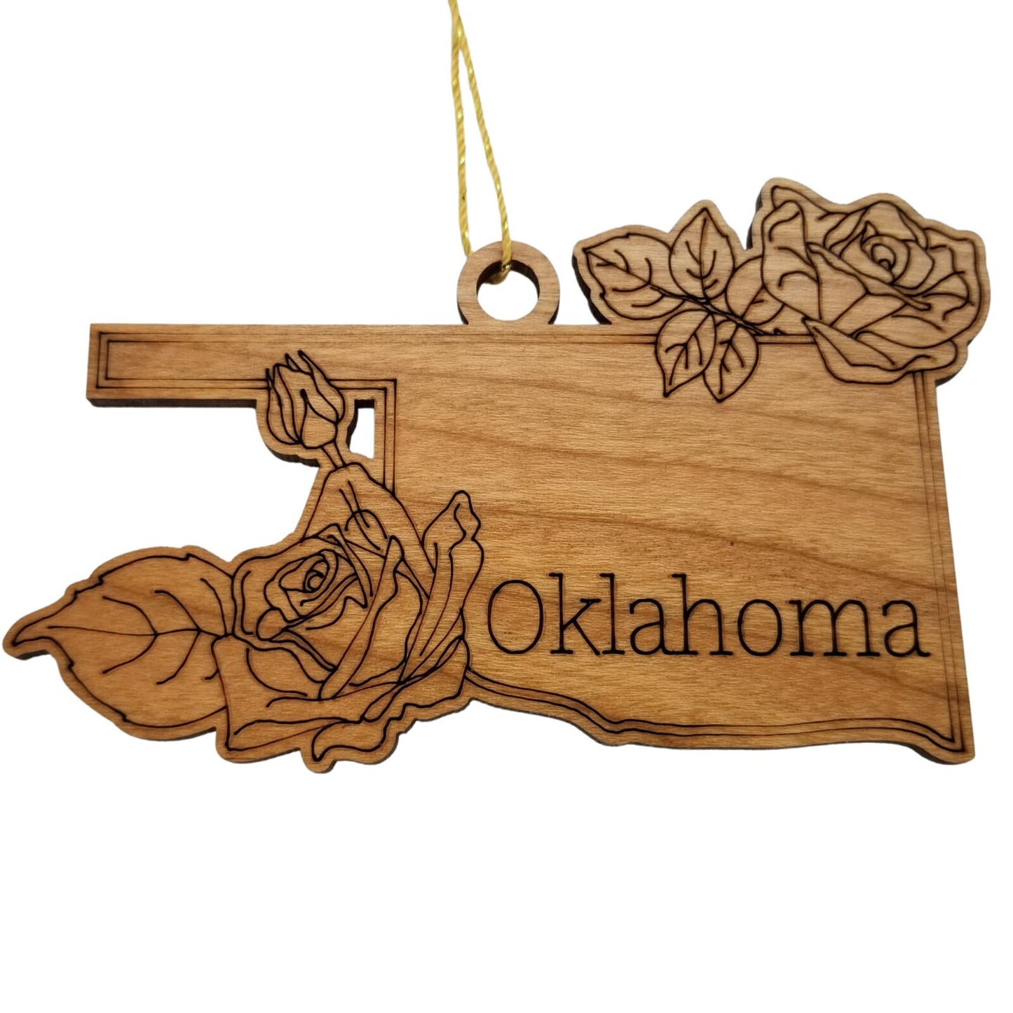 Oklahoma Wood Ornament - OK State Shape with State Flowers Oklahoma Rose - Handmade Wood Ornament Made in USA Christmas Decor