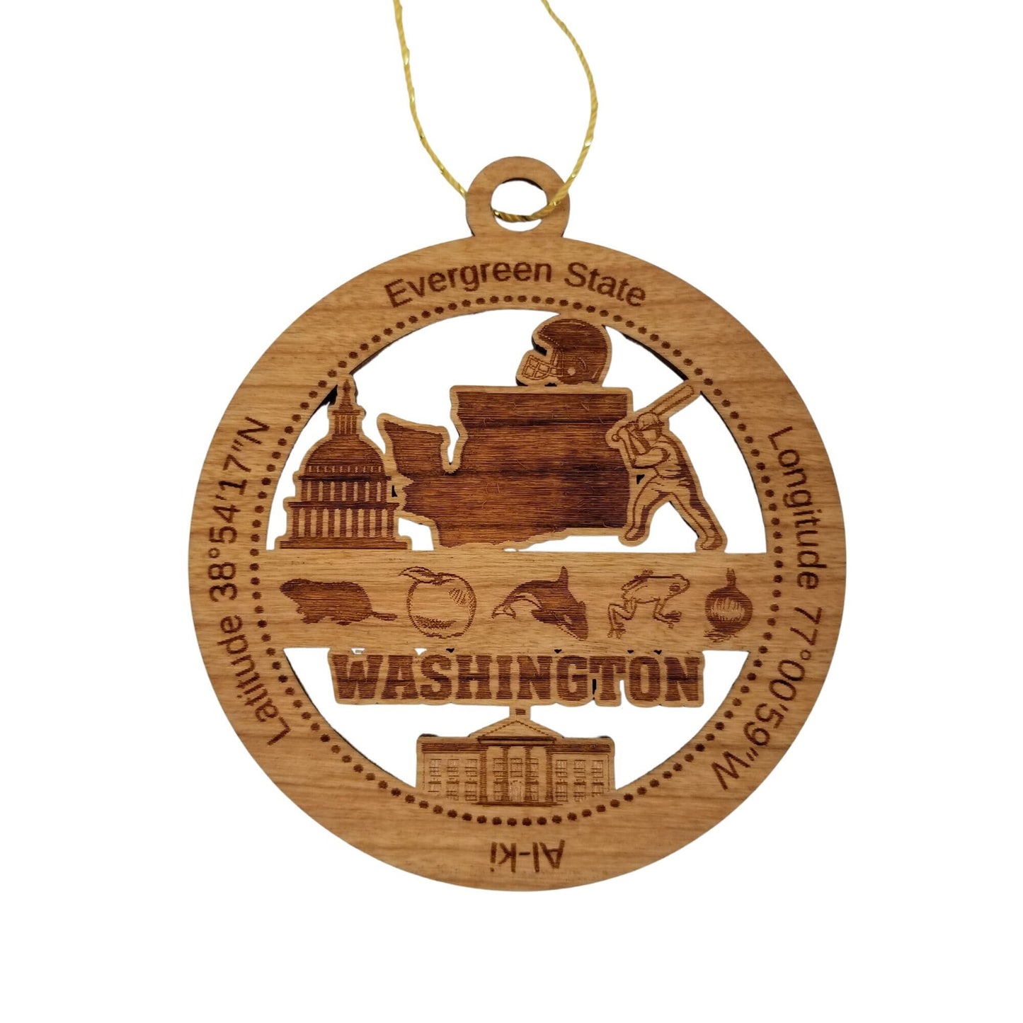 Washington Wood Ornament - WA Souvenir - Handmade Wood Ornament Made in USA State Shape Football Helmet Baseball Player Beaver Apple Orca