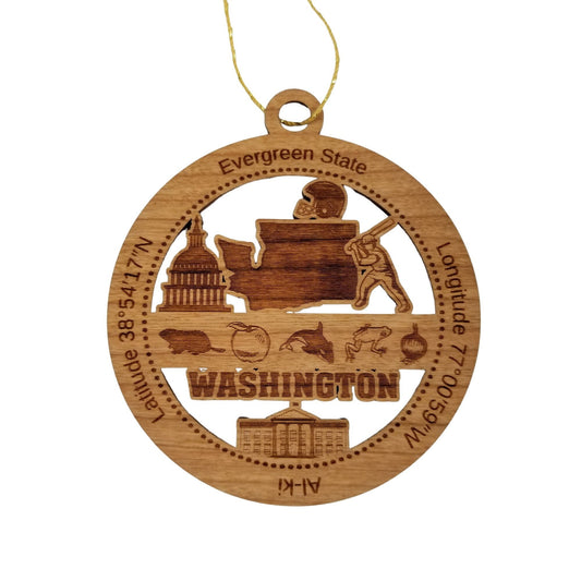 Washington Wood Ornament -  WA Souvenir  - Handmade Wood Ornament Made in USA State Shape Football Helmet Baseball Player Beaver Apple Orca
