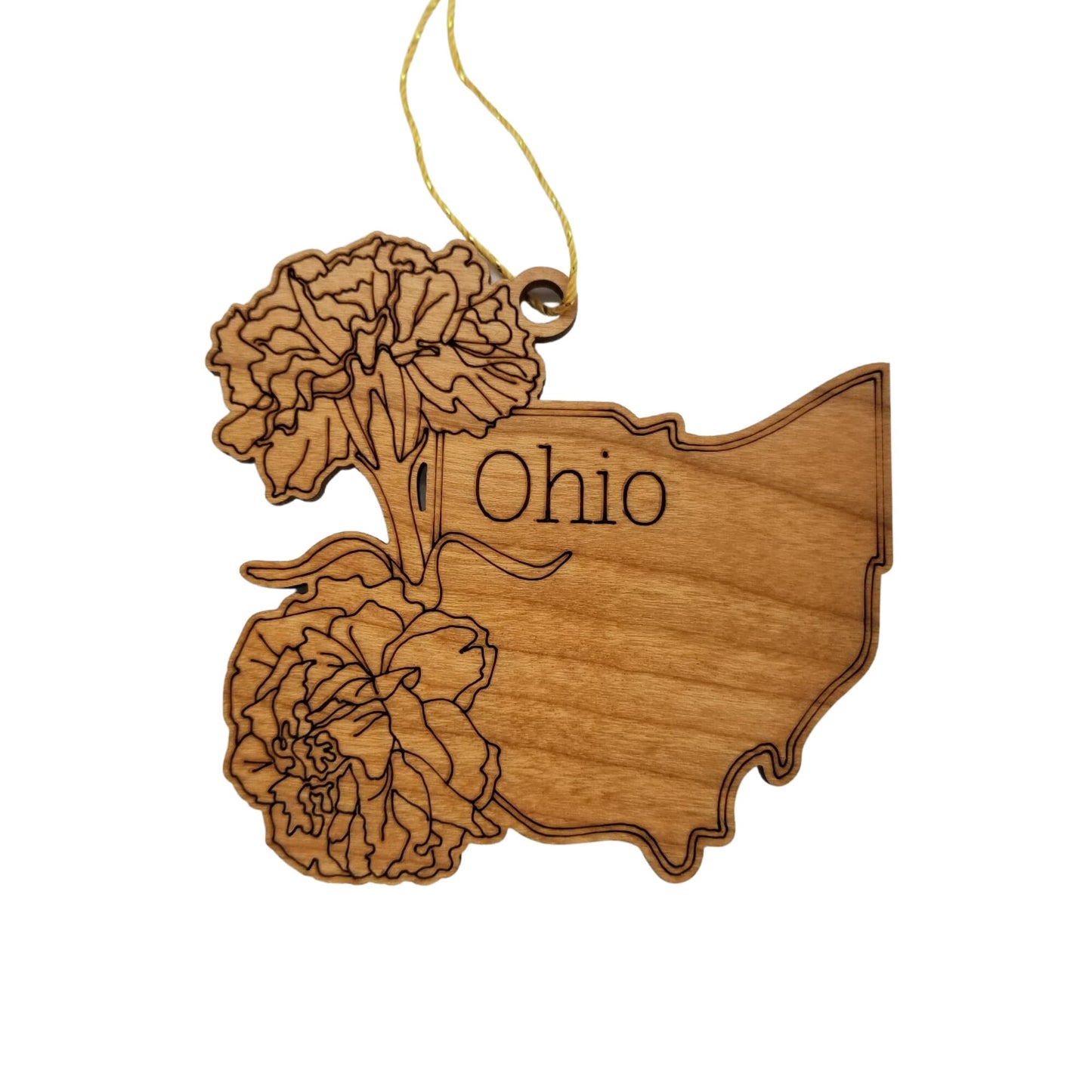 Ohio Wood Ornament - OH State Shape with State Flowers Cutout - Handmade Wood Ornament Made in USA Christmas Decor