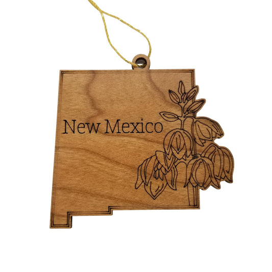 New Mexico Wood Ornament -  NM State Shape with State Flowers Yucca Flower - Handmade in USA - 15540