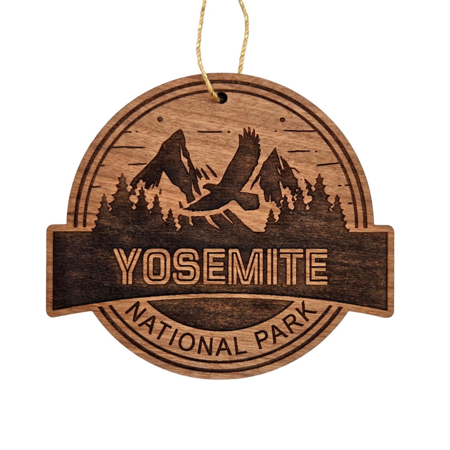 Yosemite National Park Wood Ornament Flying Eagle over Mountains and Trees California Handmade Souvenir Made in USA Christmas - 15690