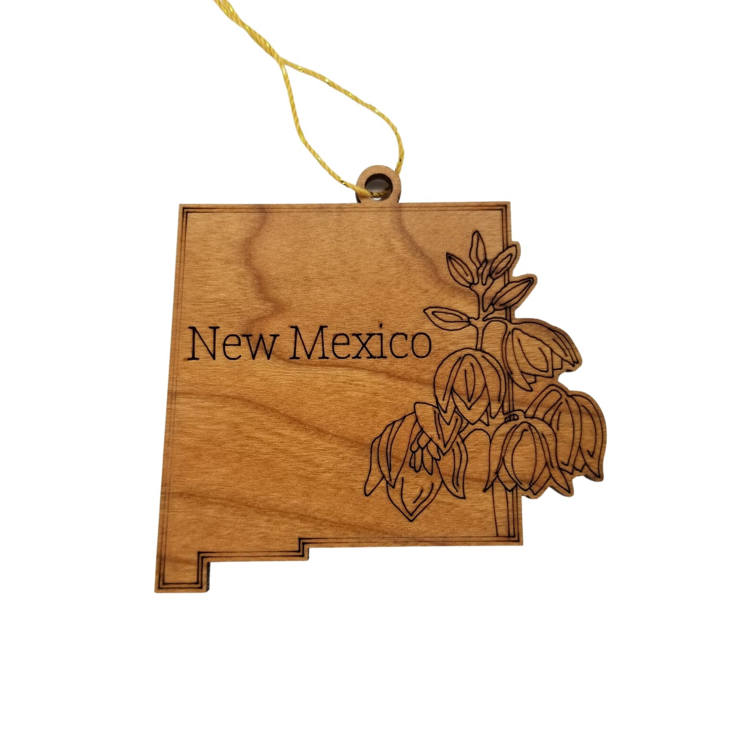 New Mexico Wood Ornament - NM State Shape with State Flowers Yucca Flower - Handmade Wood Ornament Made in USA Christmas Decor