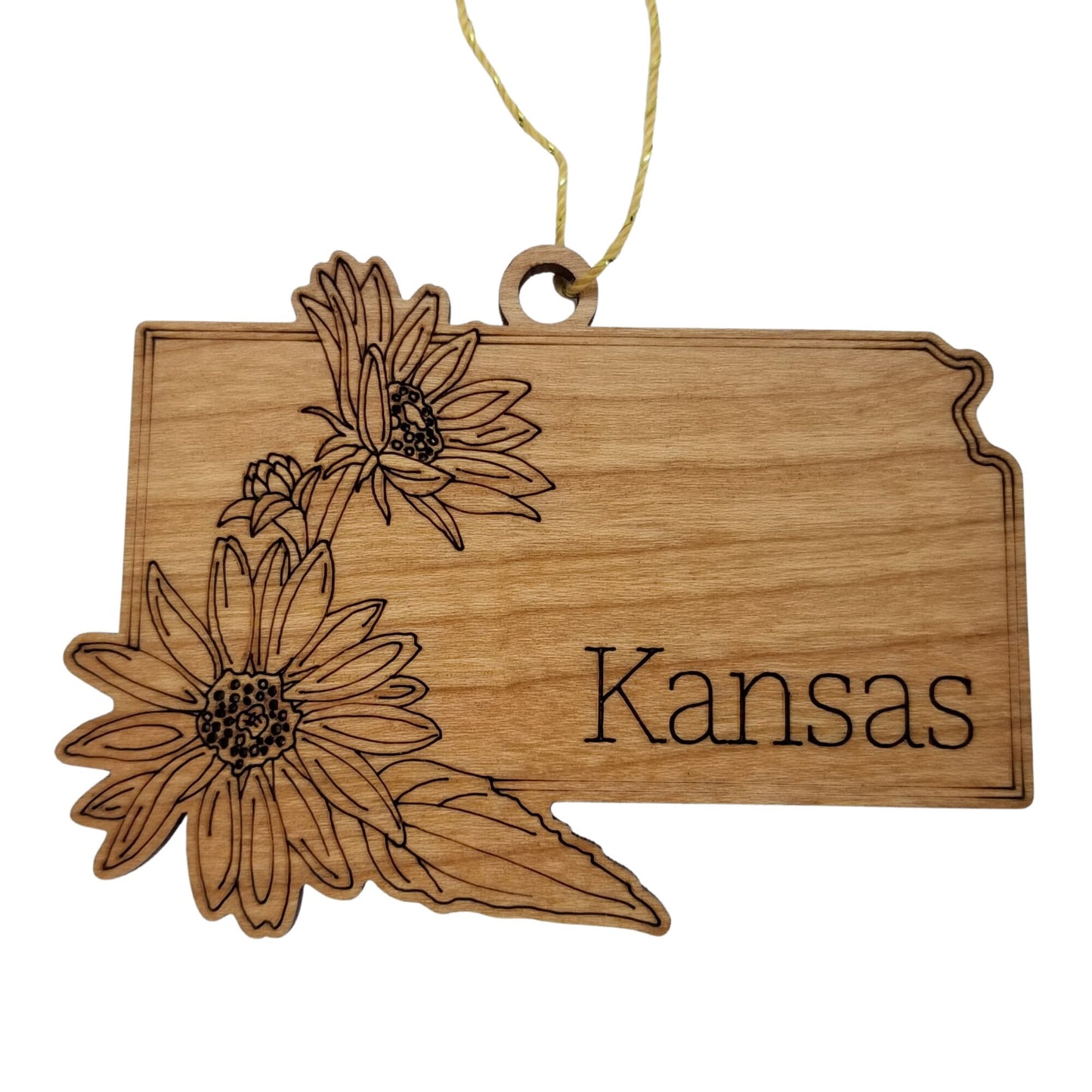Kansas Wood Ornament - KS State Shape with State Flowers Wild Sunflowers - Handmade Wood Ornament Made in USA Christmas Decor