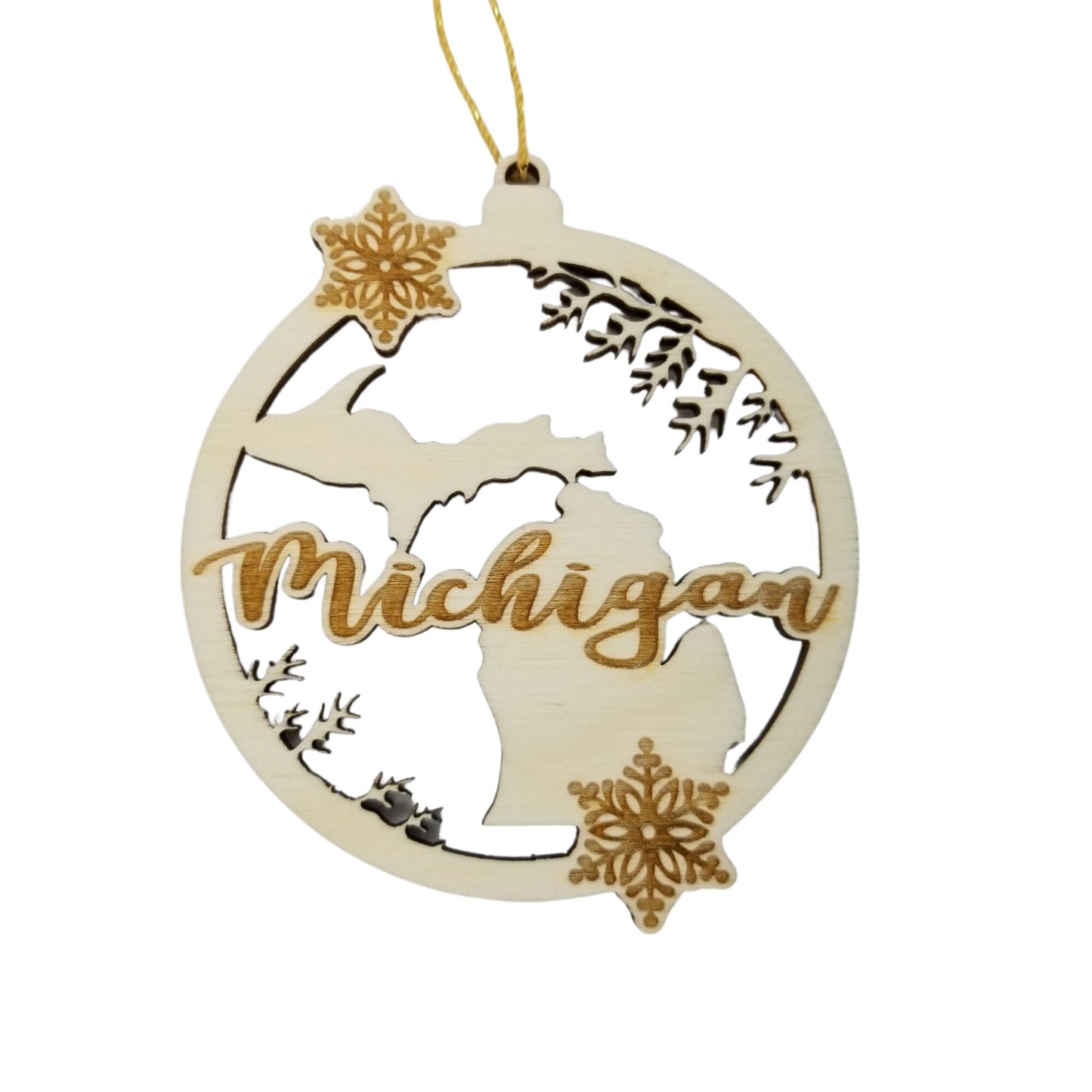 Michigan Wood Ornament - MI State Shape with Snowflakes Cutout - Handmade Wood Ornament Made in USA Christmas Decor