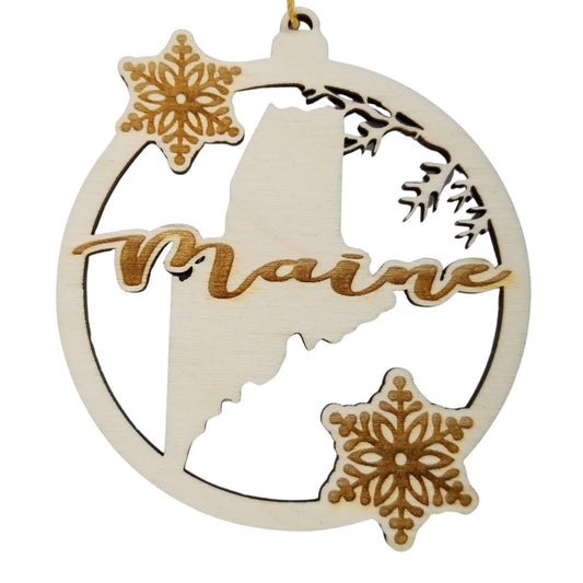 Maine Wood Ornament - State Shape with Snowflakes Cutout ME - Handmade Wood Ornament Made in USA Christmas Decor
