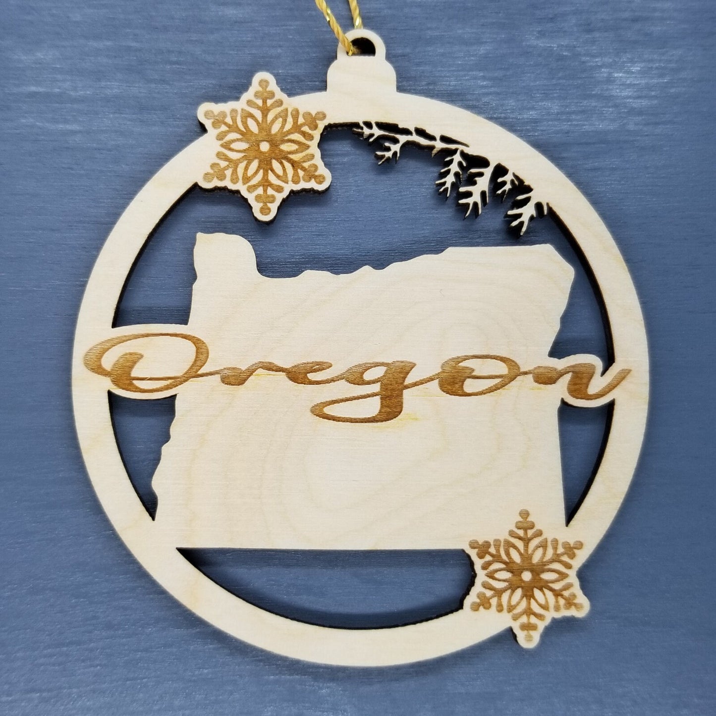 Oregon Wood Ornament - State Shape with Snowflakes Cutout OR - Handmade Wood Ornament Made in USA Christmas Decor