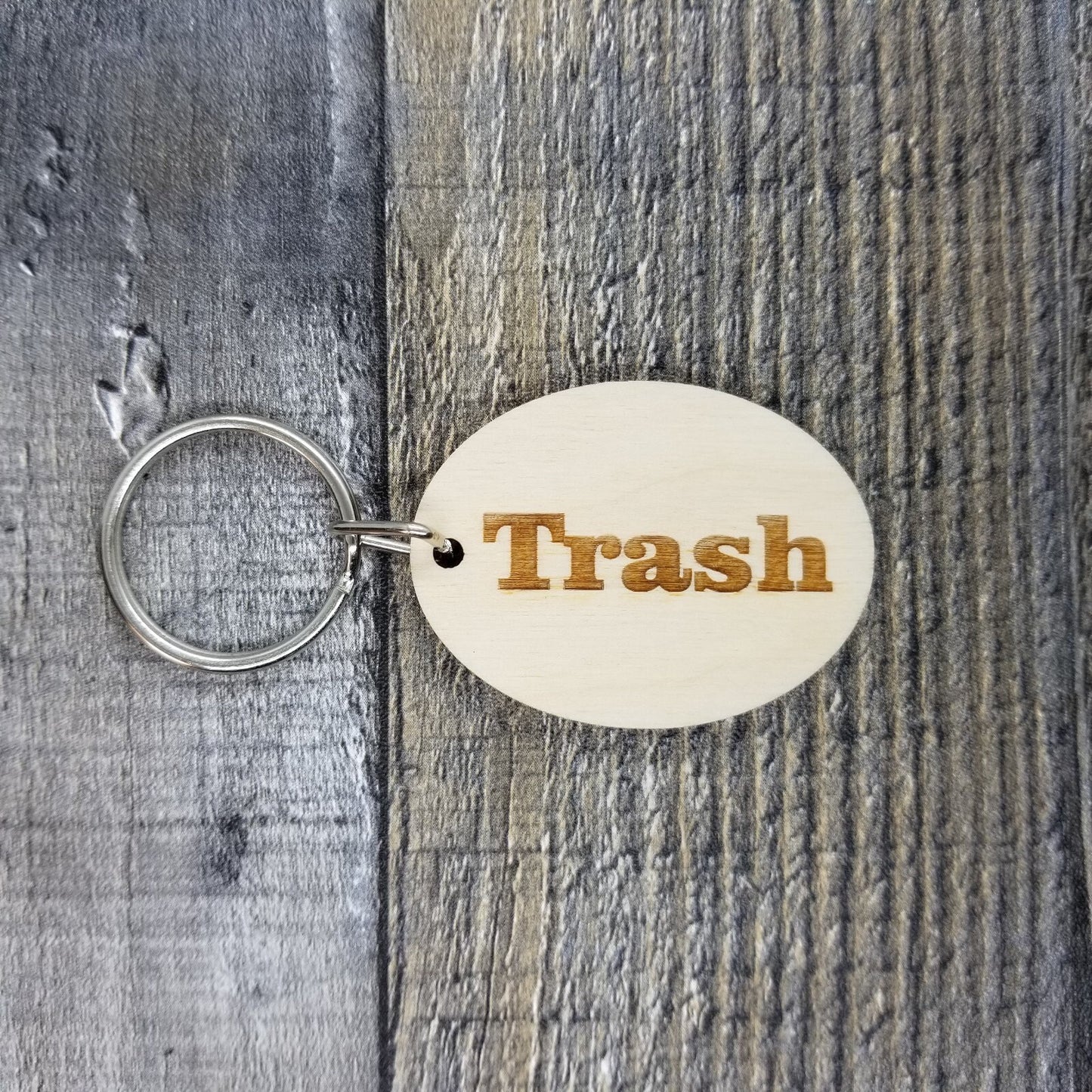 Trash Wood Keychain Key Ring Keychain Gift - Key Chain Key Tag Key Ring Key Fob - Trash Text Key Marker KC8157