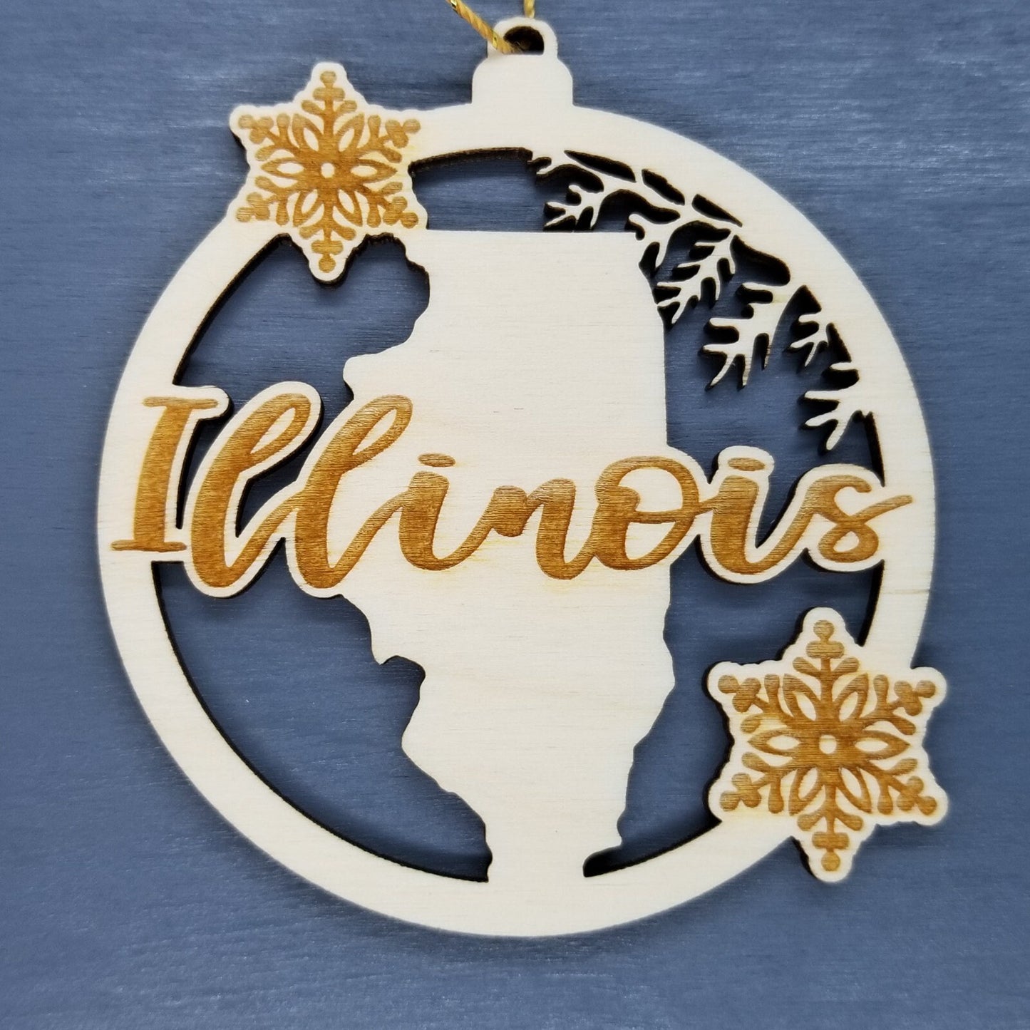 Illinois Wood Ornament - IL State Shape with Snowflakes Cutout - Handmade Wood Ornament Made in USA Christmas Decor