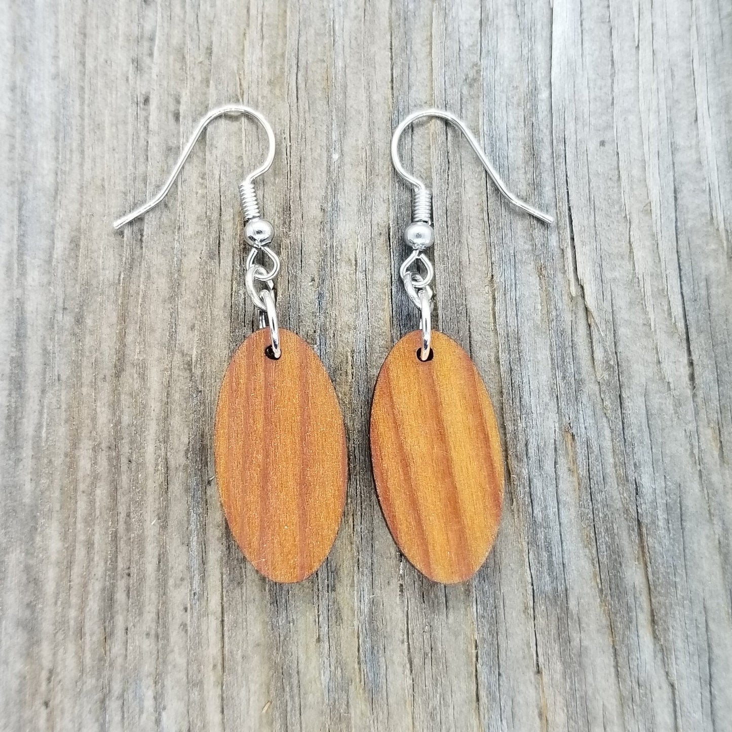 Redwood Earrings - Oval Wood Earrings - California Redwood Dangle Earrings - CA Souvenir Keepsake - Wood Gift Women Surfboard Look