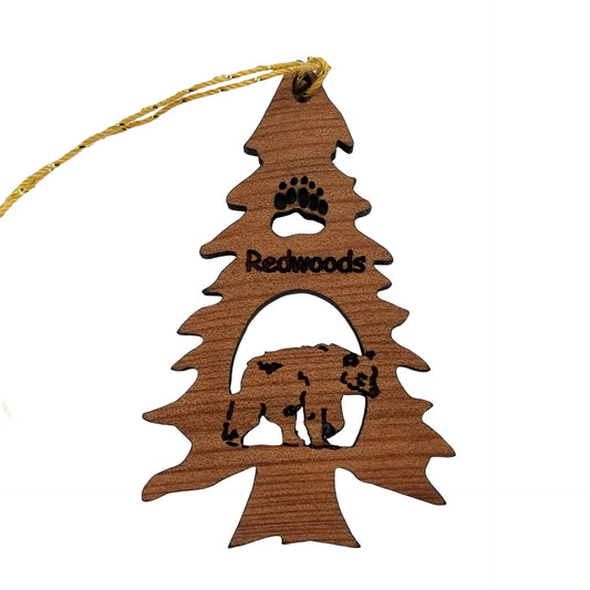 Bear in a Tree Ornament Christmas California Redwoods Souvenir Handmade Wood Ornament - 15017