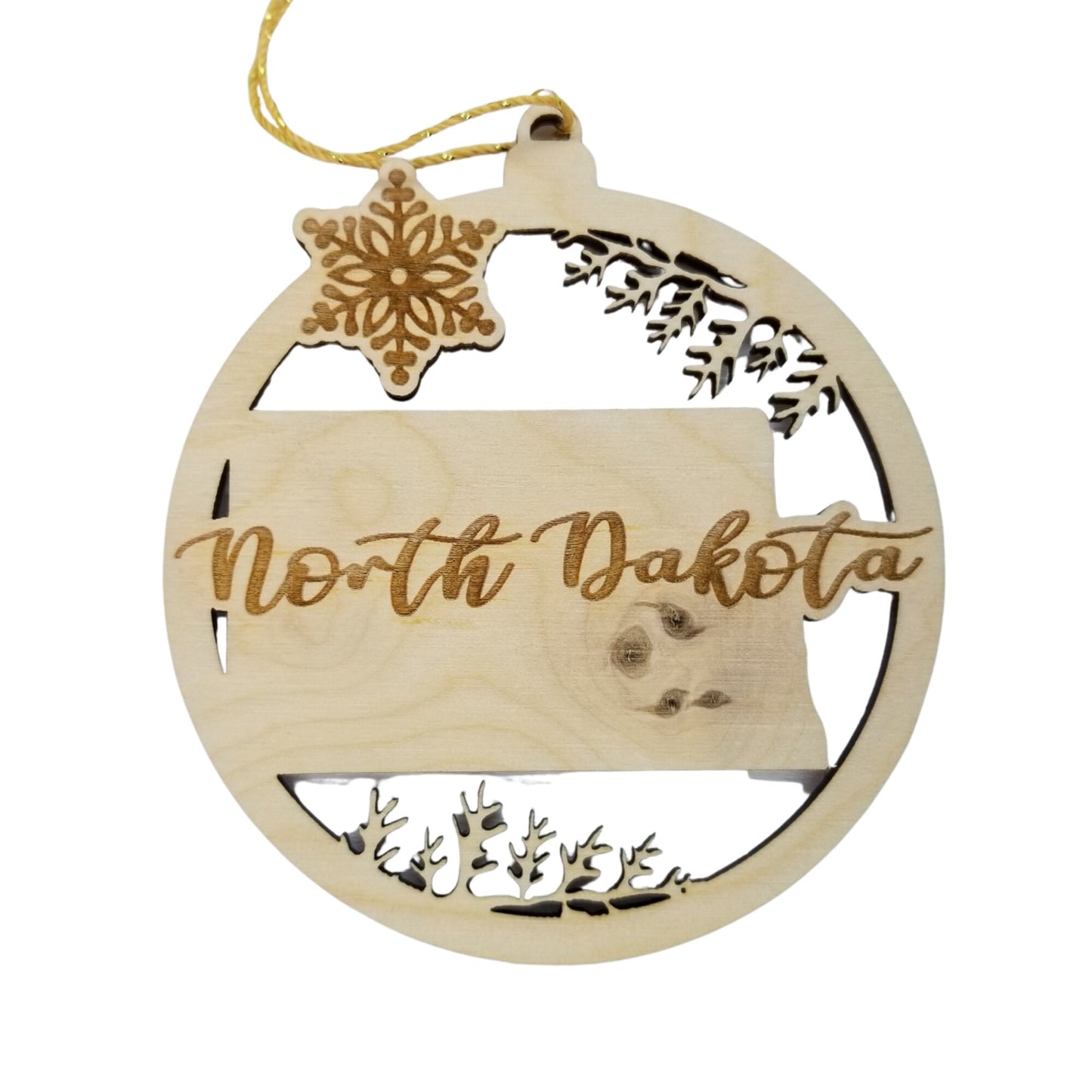 North Dakota Wood Ornament - ND State Shape with Snowflakes Cutout - Handmade Wood Ornament Made in USA Christmas Decor