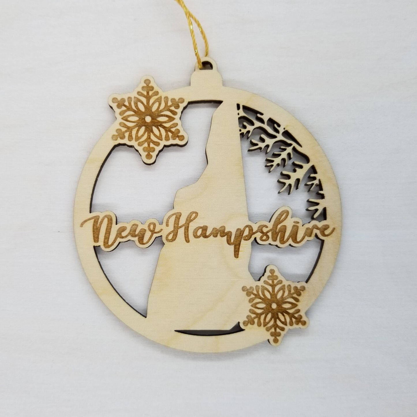 New Hampshire Wood Ornament - NH State Shape with Snowflakes Cutout - Handmade Wood Ornament Made in USA Christmas Decor