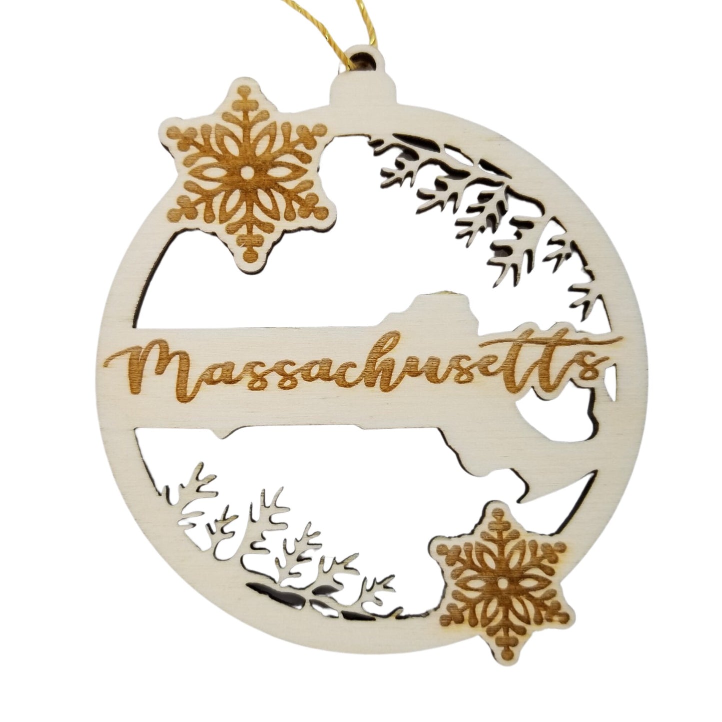Massachusetts Wood Ornament - State Shape with Snowflakes MA Cutout - Handmade Wood Ornament Made in USA Christmas Decor