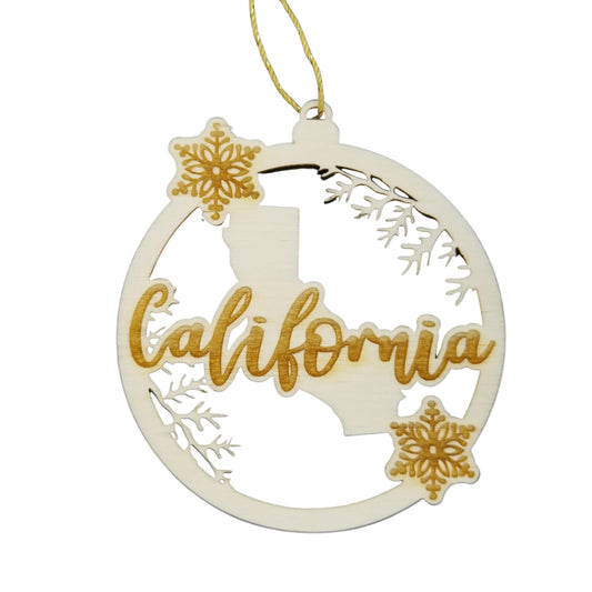 California Wood Ornament - CA State Shape with Snowflakes Cutout - Handmade Wood Ornament Made in USA Christmas Decor