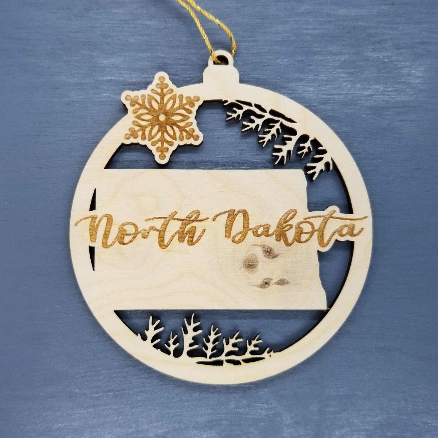 North Dakota Wood Ornament - ND State Shape with Snowflakes Cutout - Handmade Wood Ornament Made in USA Christmas Decor